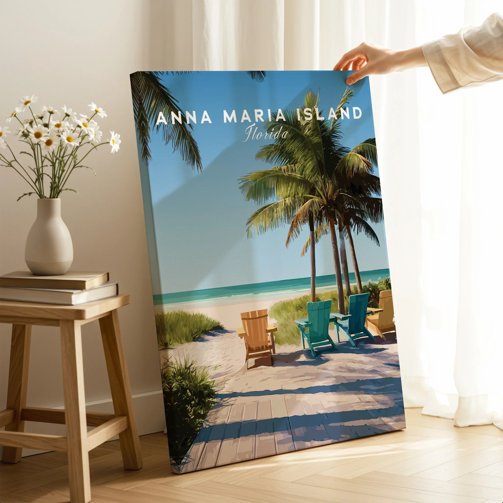 Anna Maria Island Florida beach canvas print with palm trees and colorful chairs, home decor