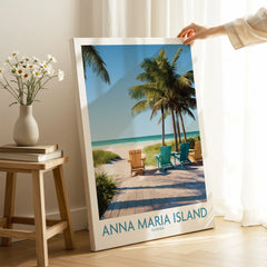 Anna Maria Island Florida canvas print with colorful beach chairs and palm trees, hand holding art in cozy room setting