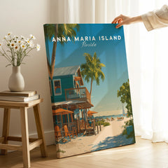 Anna Maria Island Florida travel poster print with beach house and palm trees, held in sunlit room
