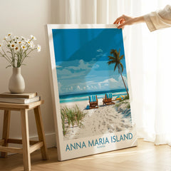 Anna Maria Island Florida beach canvas print with palm tree and lounge chairs, held in sunlit room