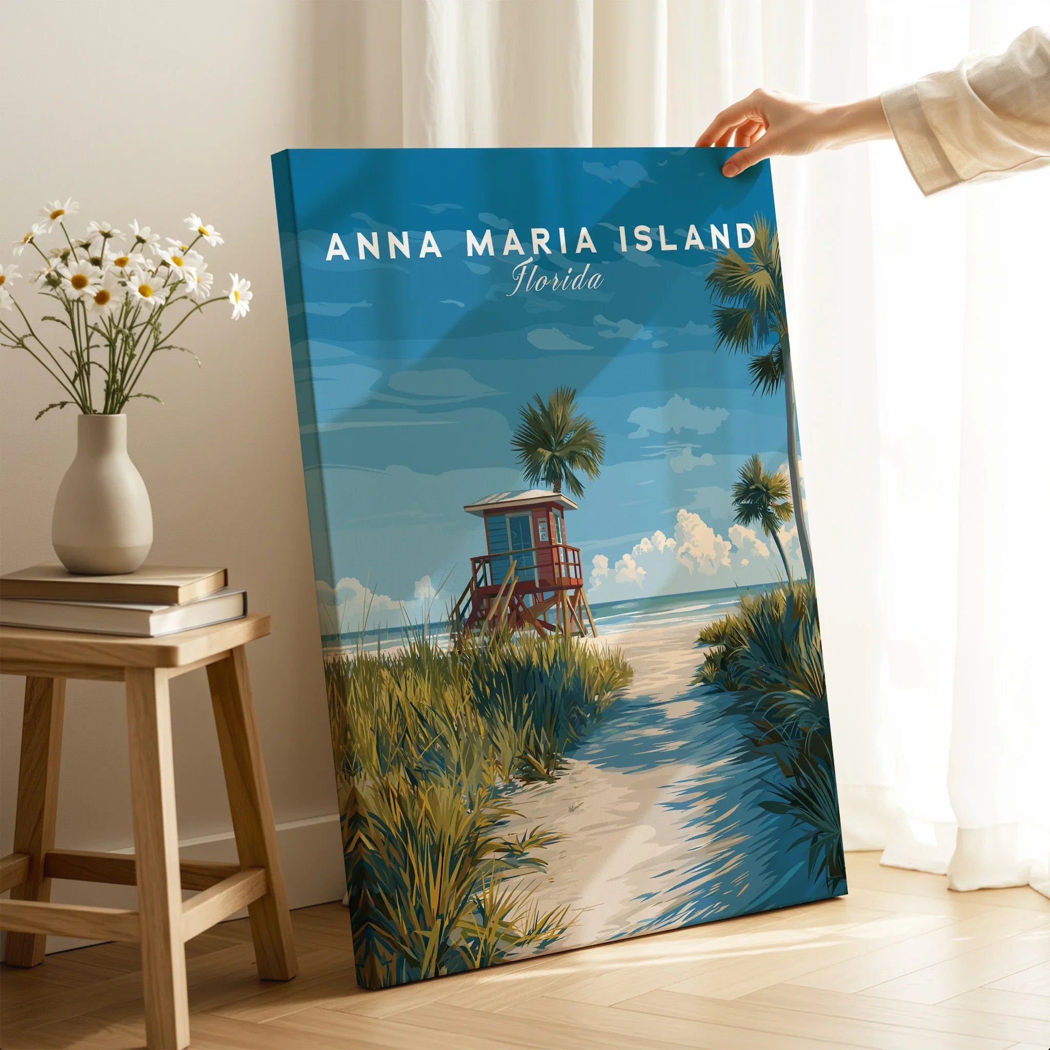 Anna Maria Island Florida travel poster canvas print with lifeguard tower in coastal room decor setting