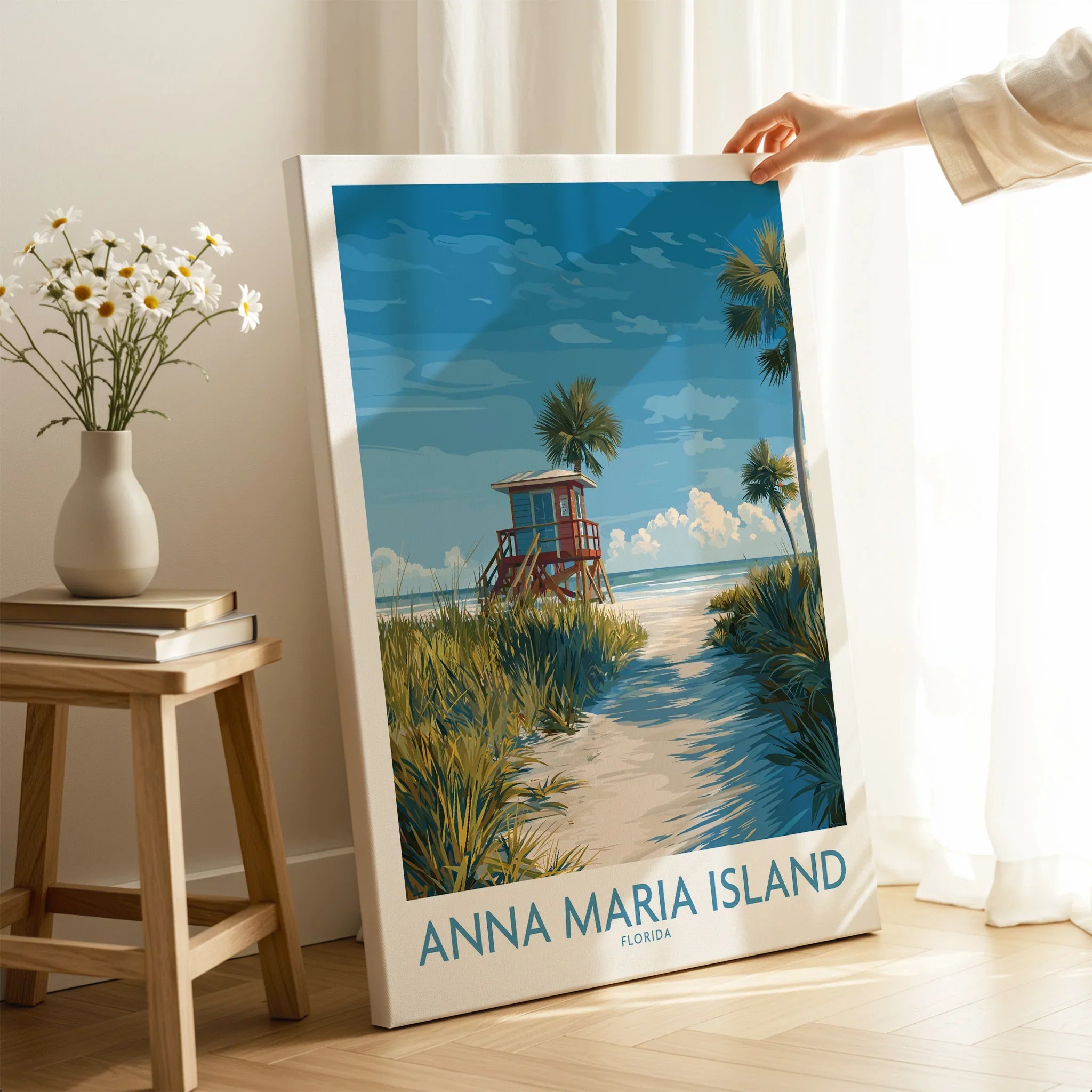Anna Maria Island Florida beach canvas print with lifeguard tower, held in bright room