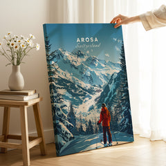 Arosa Travel Poster - Switzerland showcasing snowy mountains and a skier in a cozy interior setting.