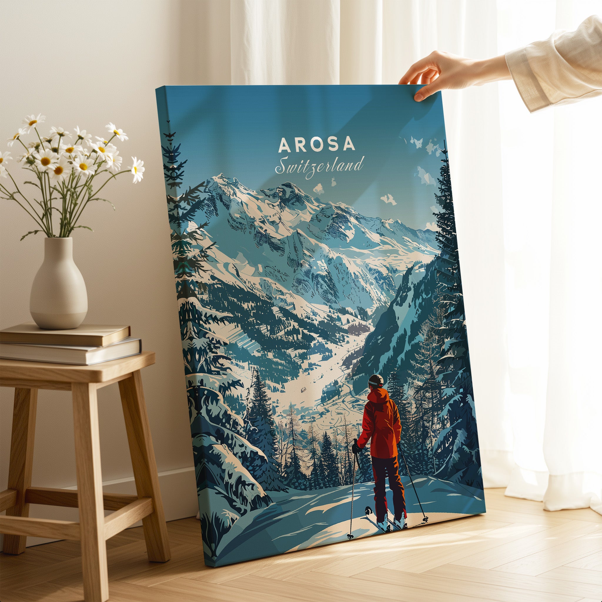 Arosa Travel Poster - Switzerland showcasing snowy mountains and a skier in a cozy interior setting.