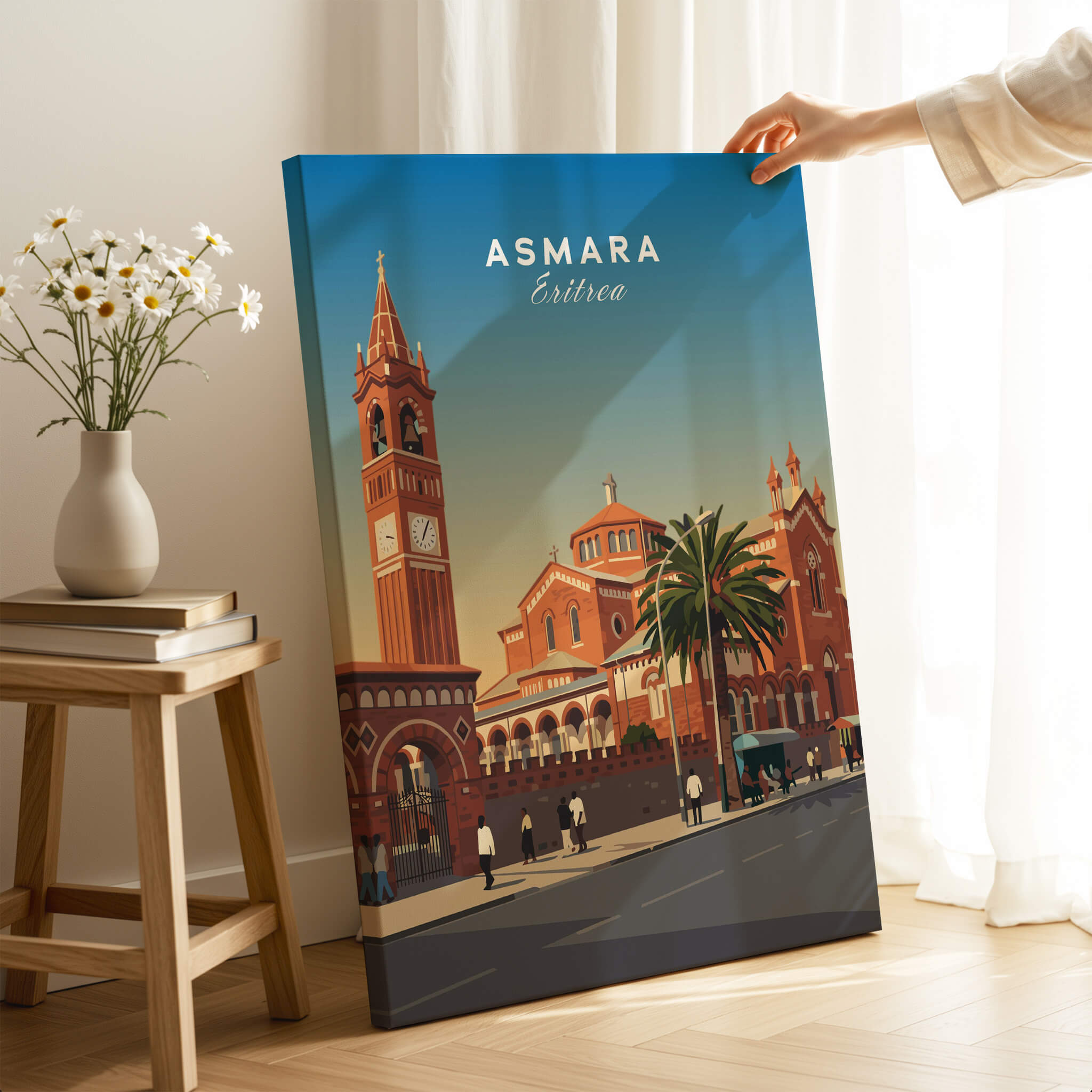Asmara Travel Poster – Eritrea Cathedral and Bell Tower Art Print showcasing architectural beauty in Eritrea.