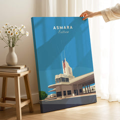 Asmara Travel Poster – Fiat Tagliero Futurist Architecture Art Print displayed in a living room with modern design.