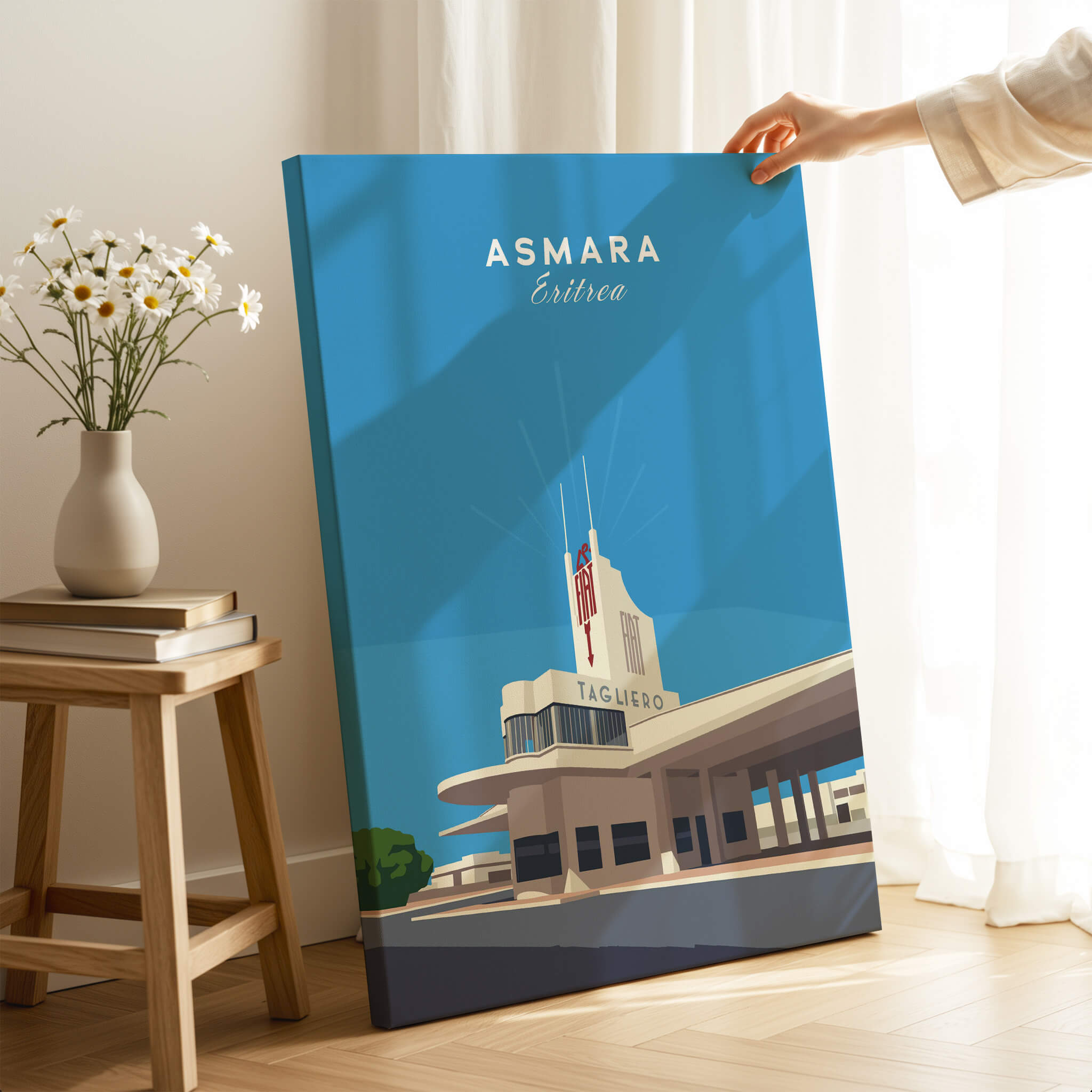 Asmara Travel Poster – Fiat Tagliero Futurist Architecture Art Print displayed in a living room with modern design.
