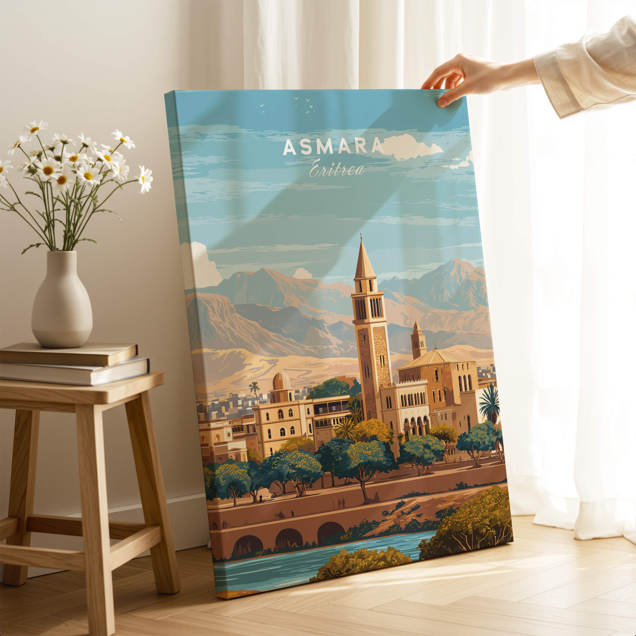 Asmara Travel Poster – Cityscape Skyline and Mountain Landscape Art Print showcasing the beautiful cityscape of Asmara.