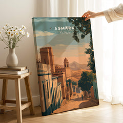 Asmara Travel Poster – Sunset Cityscape Art Print vibrant sunset over Asmara showcasing architectural beauty and atmosphere