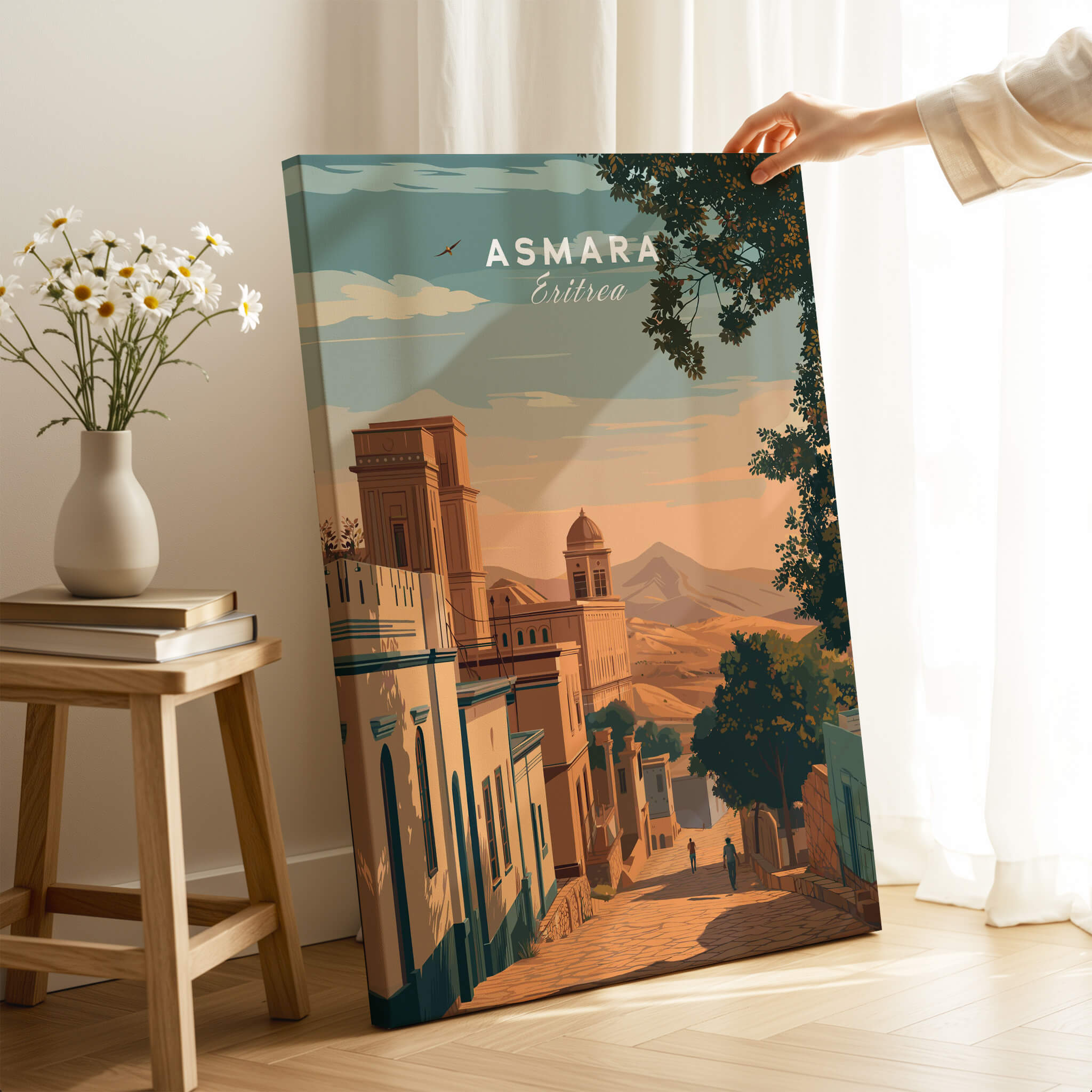 Asmara Travel Poster – Sunset Cityscape Art Print vibrant sunset over Asmara showcasing architectural beauty and atmosphere