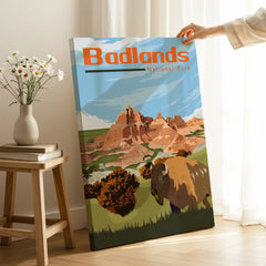 Badlands National Park canvas print with bison and mountains, hand holding artwork in cozy room