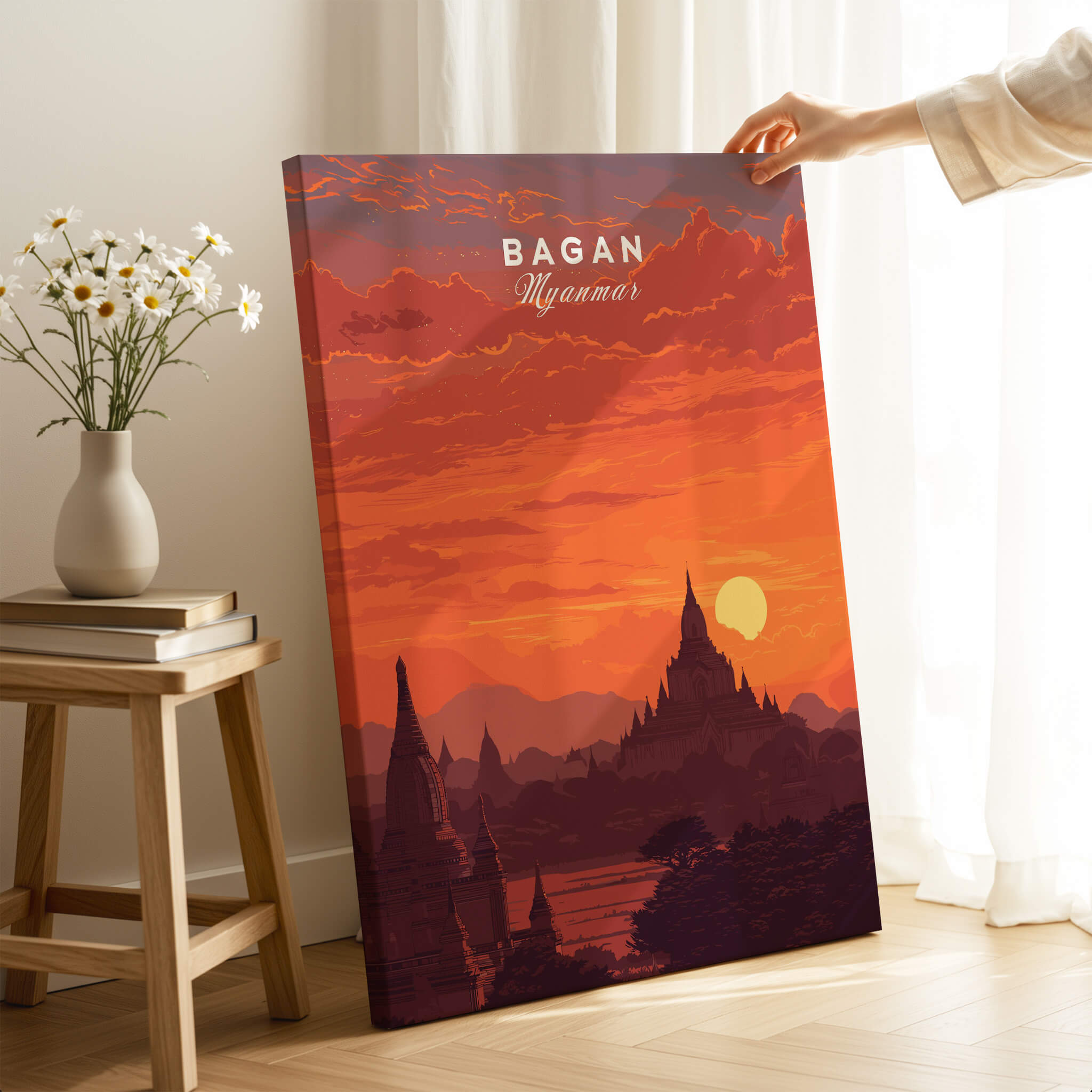 Bagan Travel Poster – Myanmar Ancient Temple Sunset Art featuring pagodas and a vibrant sunset.