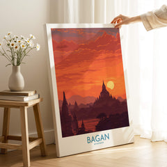 Bagan Myanmar Wall Art – Buddhist Pagoda Skyline Canvas Print displayed in a cozy interior with sunset colors.