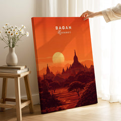 Bagan Travel Poster – Minimalist Temple Wall Art showcasing the sunset over Bagan's iconic pagodas and landscapes.