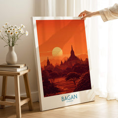 Bagan Myanmar Print – Traditional Pagoda Wall Art featuring a sunset view of Bagan's iconic pagodas.