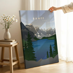 Banff National Park canvas wall art with mountains and lake in a modern home setting