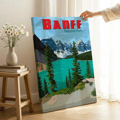 Banff National Park canvas print with lake and mountains held in sunlit modern room