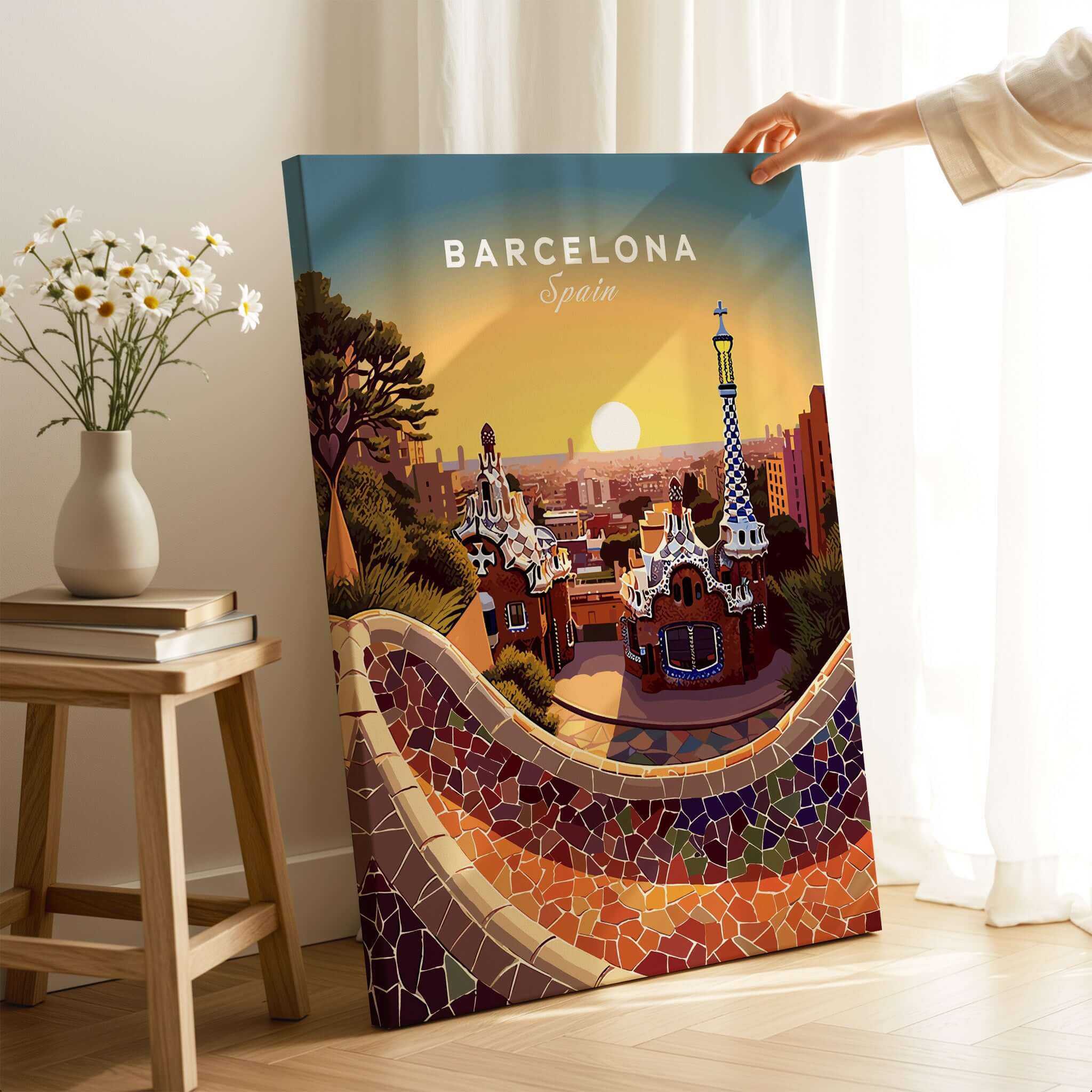 Barcelona Travel Poster Print featuring vibrant colors and iconic architecture of Park Güell in Barcelona, Spain.