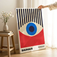 Bauhaus Exhibition Prints - Abstract Eye Art Print Geometric Red Blue Design showcased in a stylish interior setting.