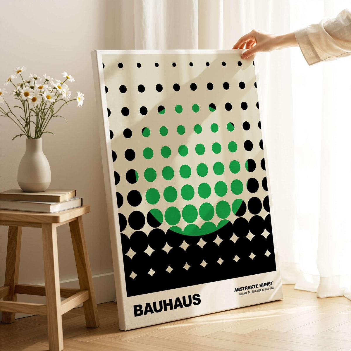 Bauhaus Exhibition Prints - Abstract Circle Pattern Art Print Green Black Dot Gradient showcased in an artistic setting.