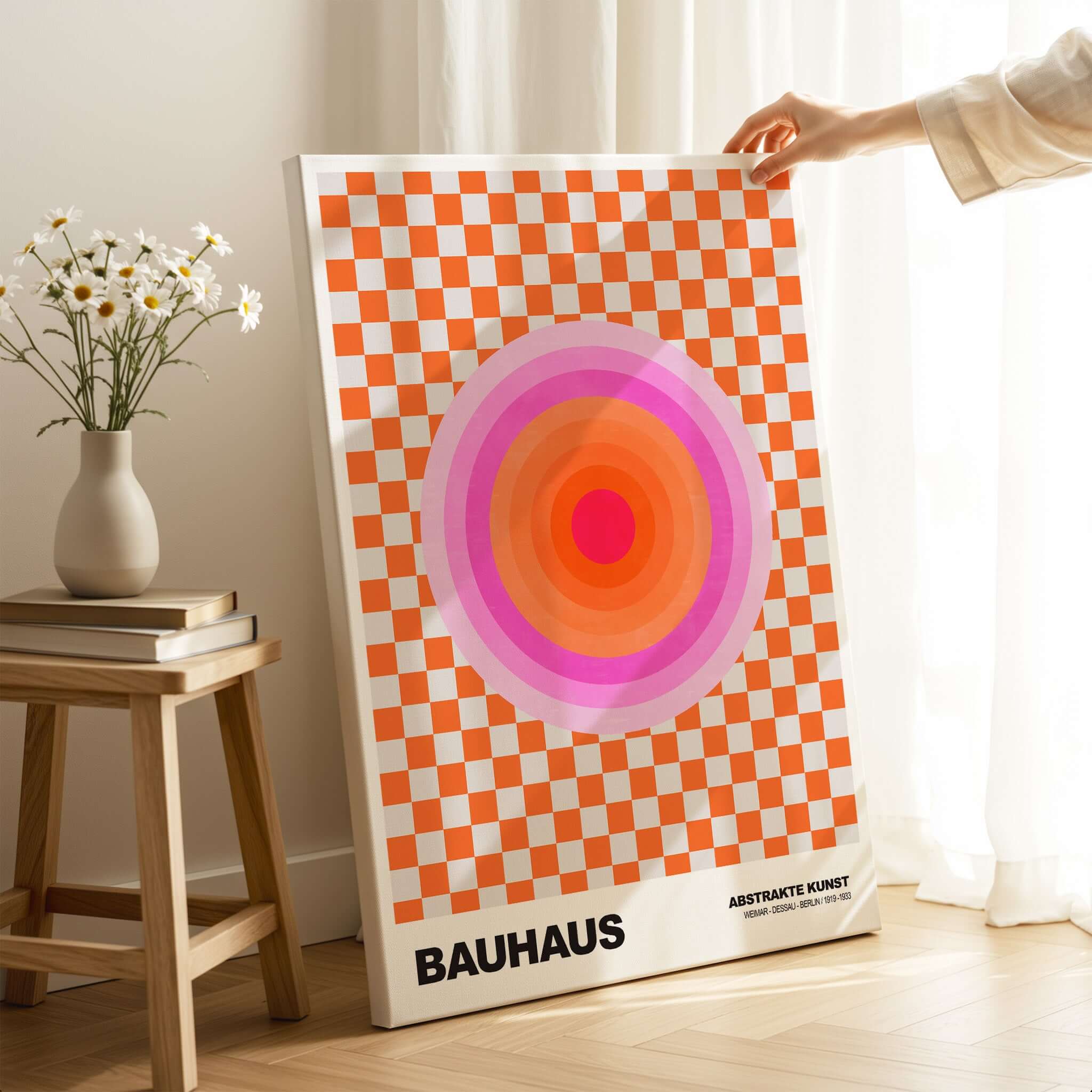 Bauhaus Exhibition Prints - Pink Circles Poster Orange Checkerboard Art showcased in a stylish setting.