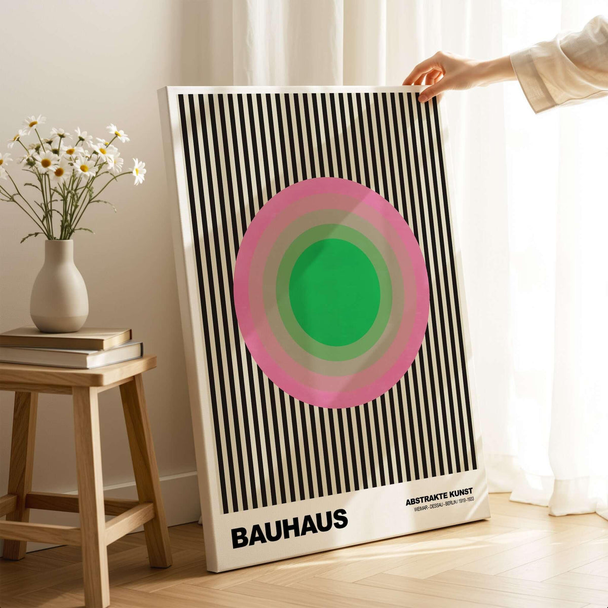 Bauhaus Exhibition Prints - Concentric Circles Poster Pink Green Striped Art displayed in a modern interior setting.