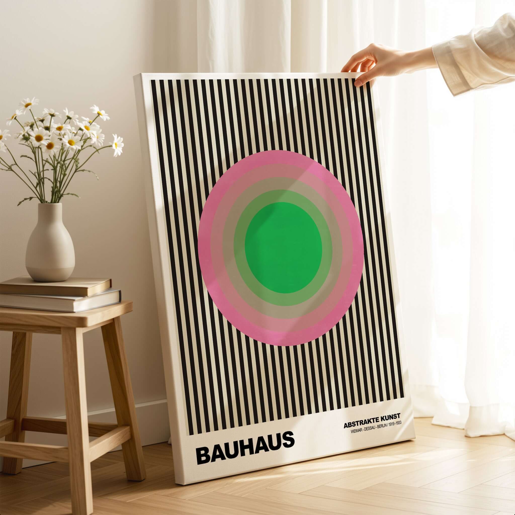 Bauhaus Exhibition Prints - Concentric Circles Poster Pink Green Striped Art displayed in a modern interior setting.