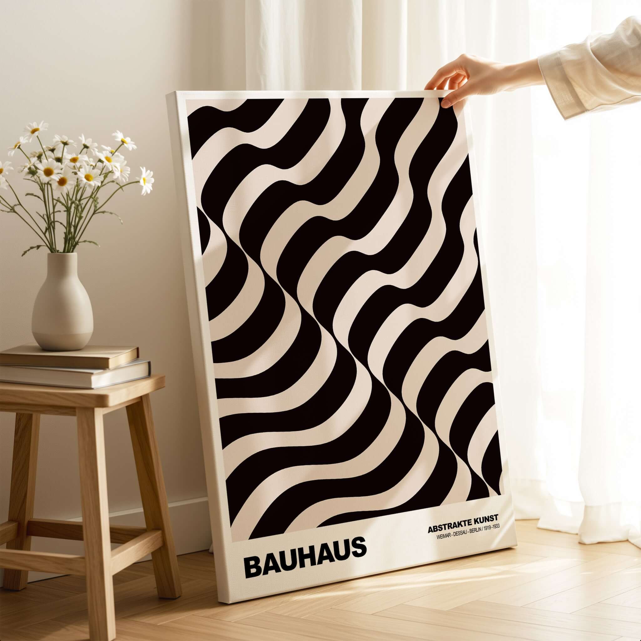 Bauhaus Exhibition Prints - Thick Undulating Waves Poster Black Cream Abstract Art displayed in home setting.