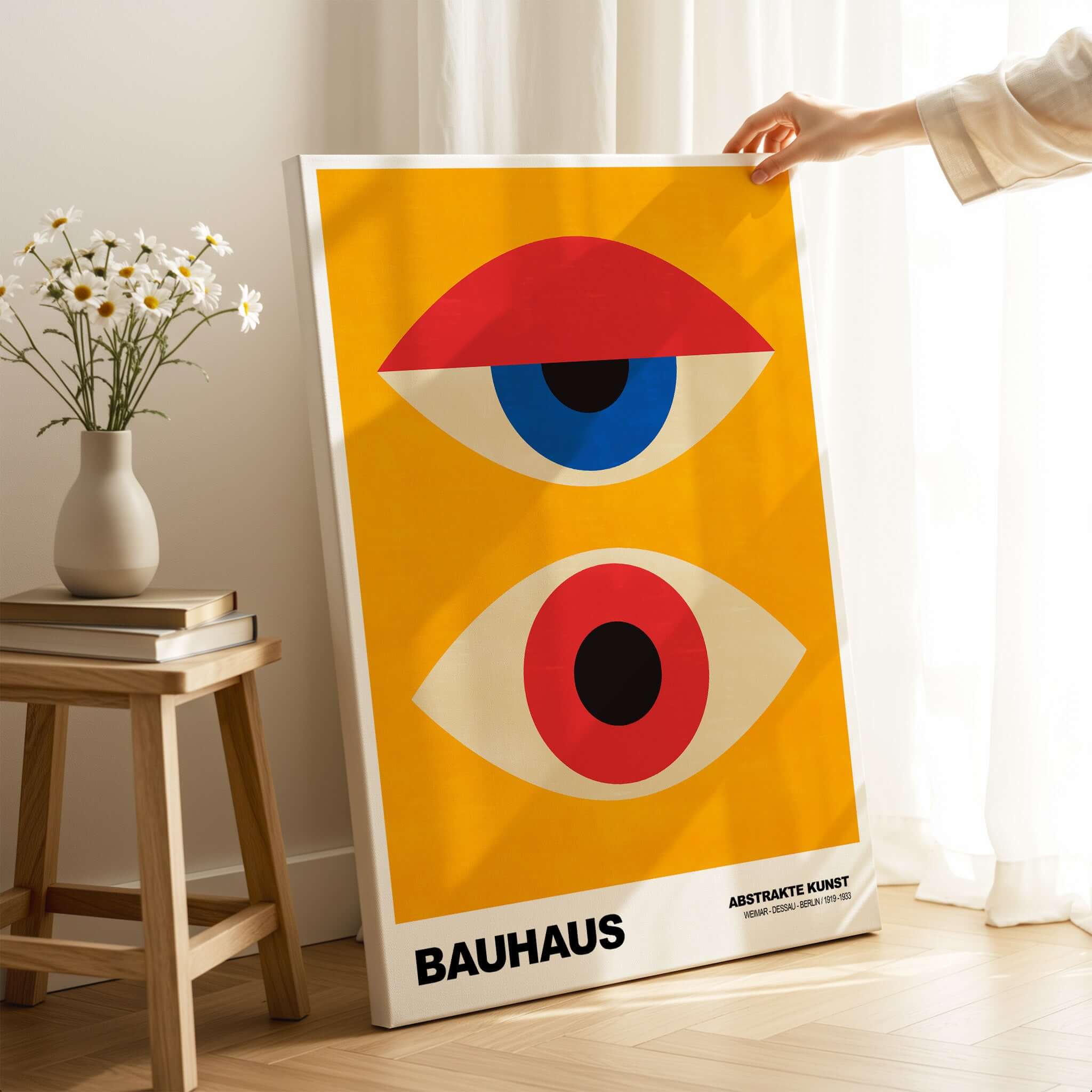 Bauhaus Exhibition Prints - Abstract Eyes Poster Geometric Orange Red Blue Art on display with vibrant background and geometric shapes.