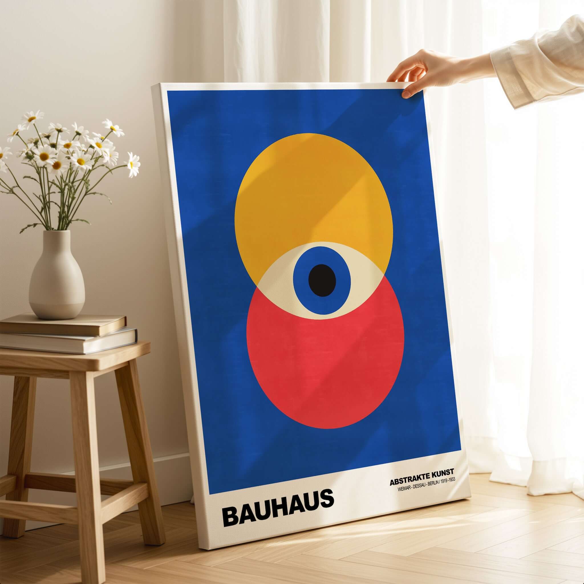 Bauhaus Exhibition Prints - Abstract Eye Circles Poster - Blue Yellow Red Primary Art in a stylish room setting.