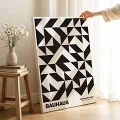 Bauhaus Exhibition Prints - Geometric Triangle Pattern Poster Black White Abstract, featuring bold black and white geometric shapes.