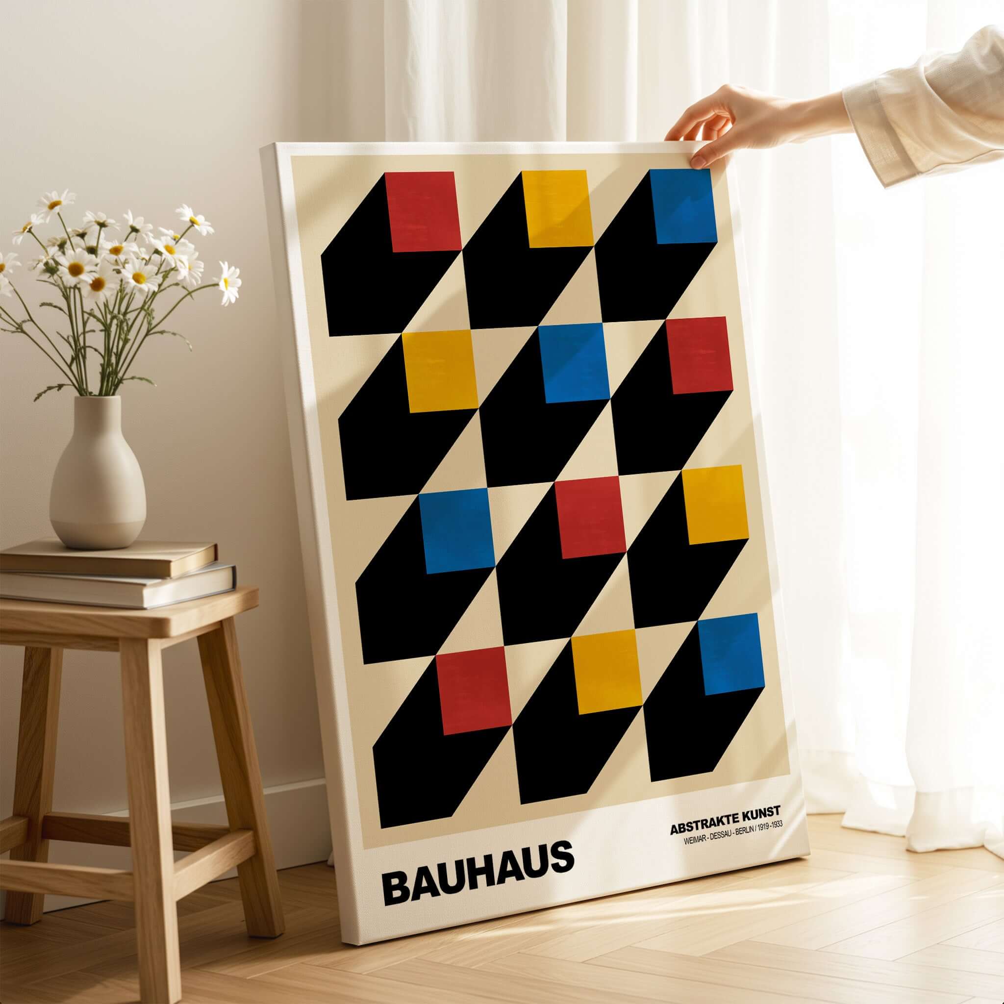 Bauhaus Exhibition Prints - Isometric Cubes Art Print Red Yellow Blue Design featuring geometric squares in primary colors.