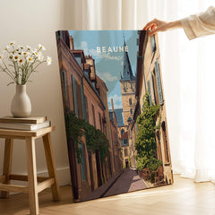 Beaune Travel Poster – Burgundy France Wall Art showcasing a charming street in Beaune, France with medieval architecture.