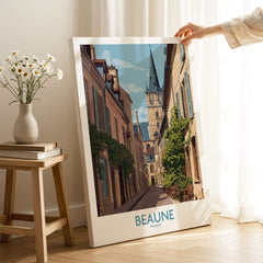Beaune France Wall Art – Village Print featuring a charming street scene with medieval architecture and vibrant colors.