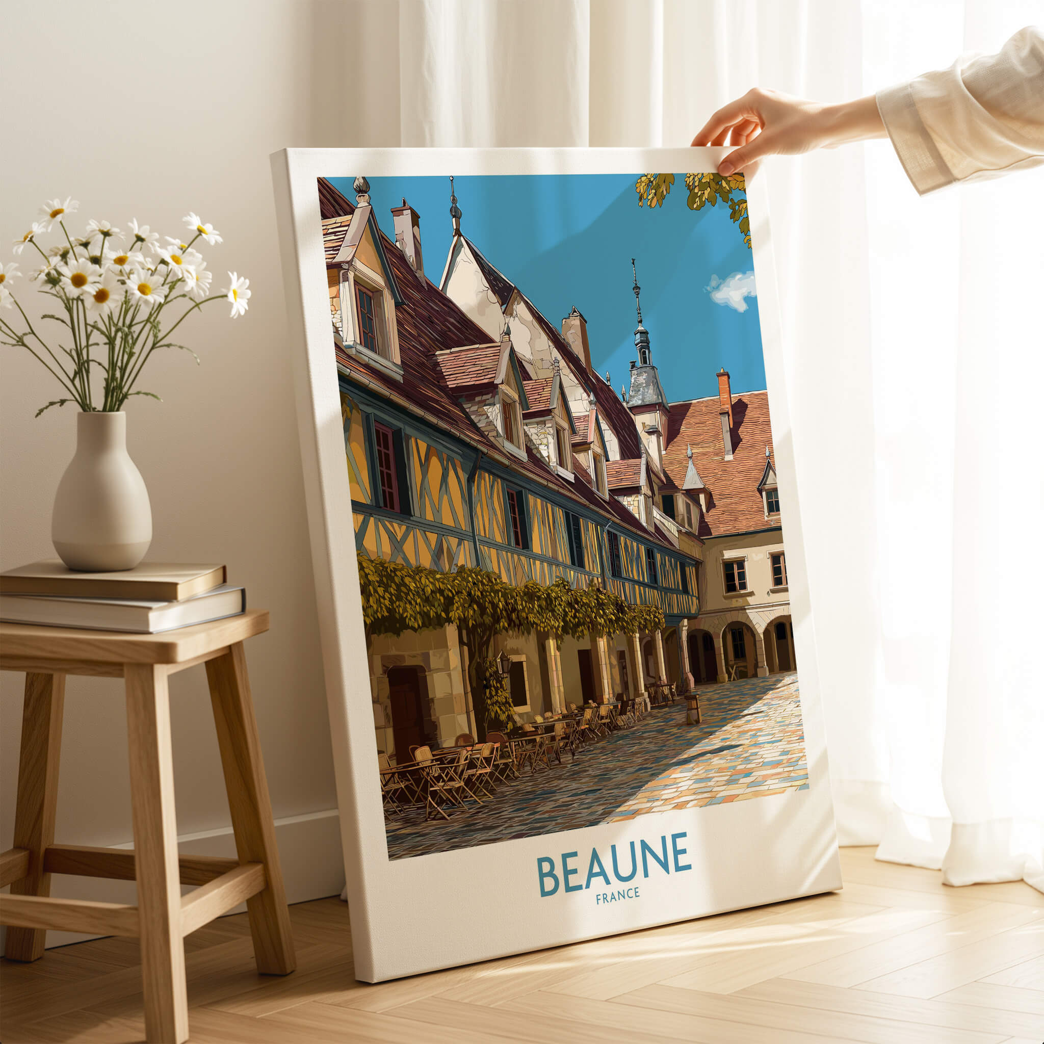 Beaune France Print – Hospices de Beaune Wall Art displayed in a bright room with a vase of flowers.