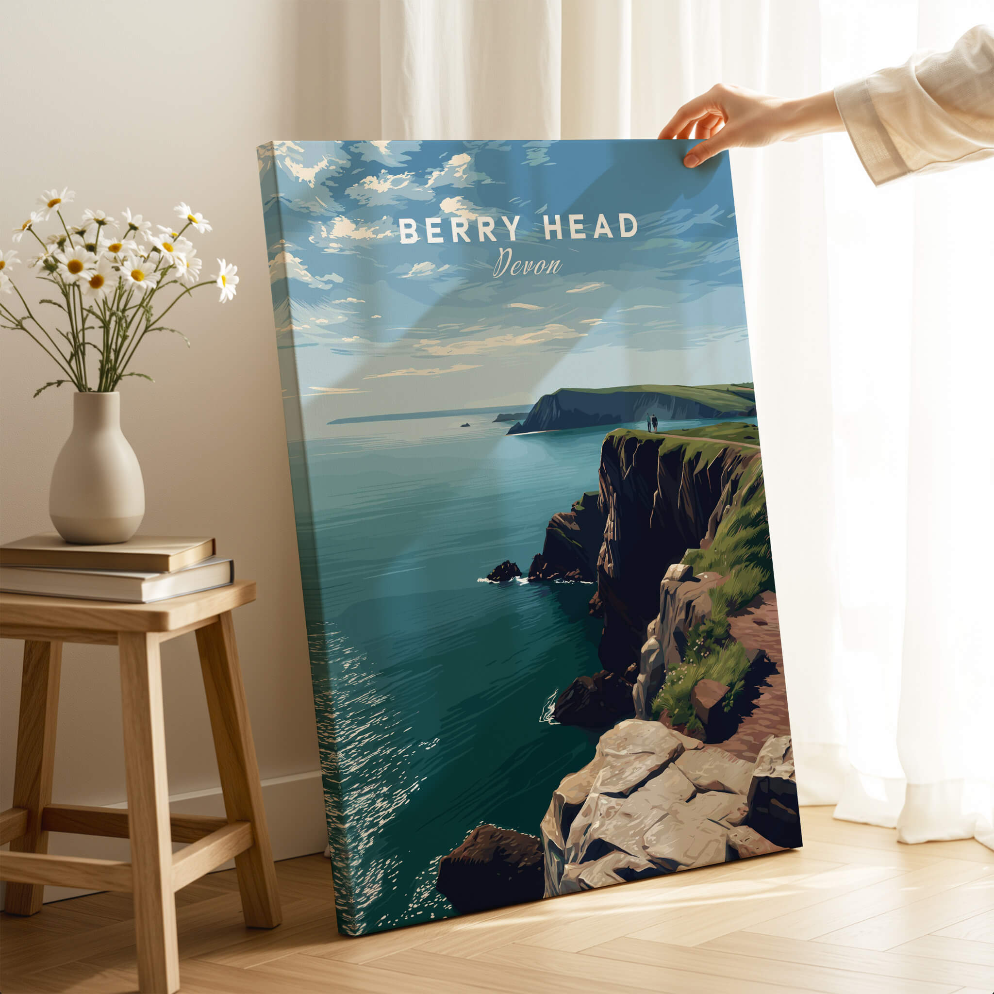 Berry Head Travel Poster – Devon Coastal Cliffs and Ocean View Print showcasing stunning seaside vistas and cliffs.
