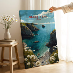 Berry Head Travel Poster – South Devon Coastline and Wildflower Art featuring coastal cliffs and wildflowers.