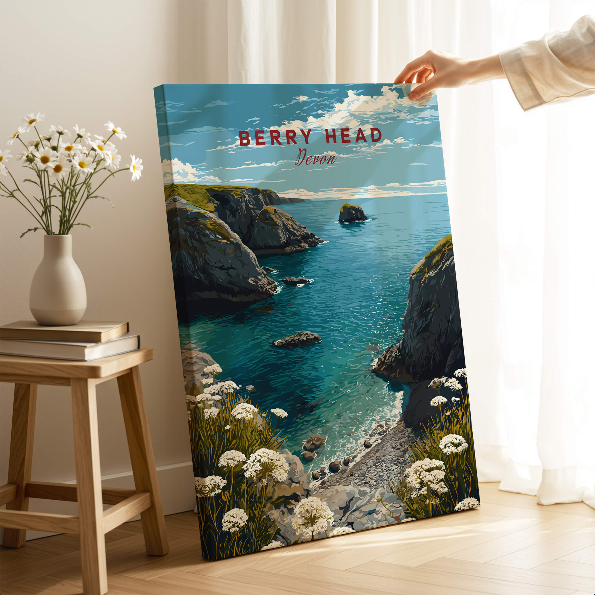 Berry Head Travel Poster – South Devon Coastline and Wildflower Art featuring coastal cliffs and wildflowers.