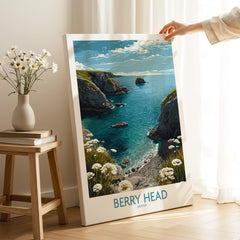 Berry Head Devon Print – Rocky Cliffs and Turquoise Sea Wall Decor in bright coastal setting with flowers.
