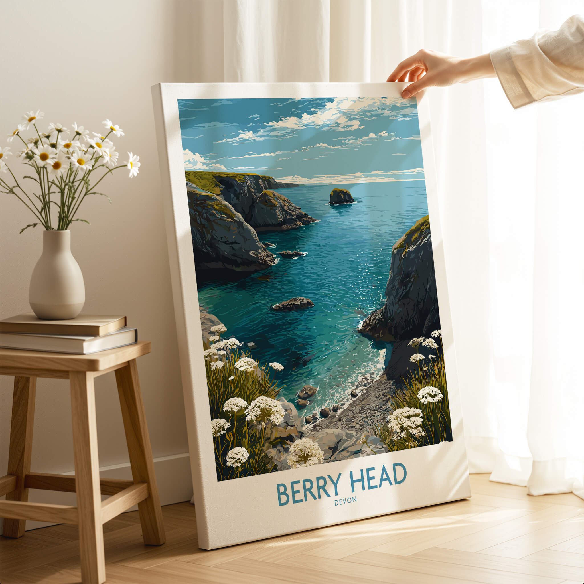 Berry Head Devon Print – Rocky Cliffs and Turquoise Sea Wall Decor in bright coastal setting with flowers.