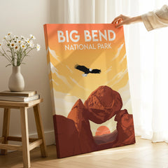 Big Bend National Park travel poster canvas print with eagle, red rocks, and sunset in modern home setting