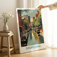 Hand holding Birmingham city canal wall art canvas print in modern home decor setting