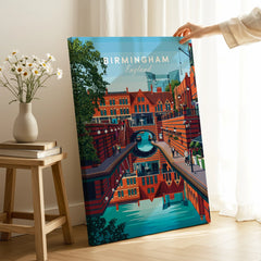 Birmingham England cityscape canvas art print with canal, held in a modern home setting