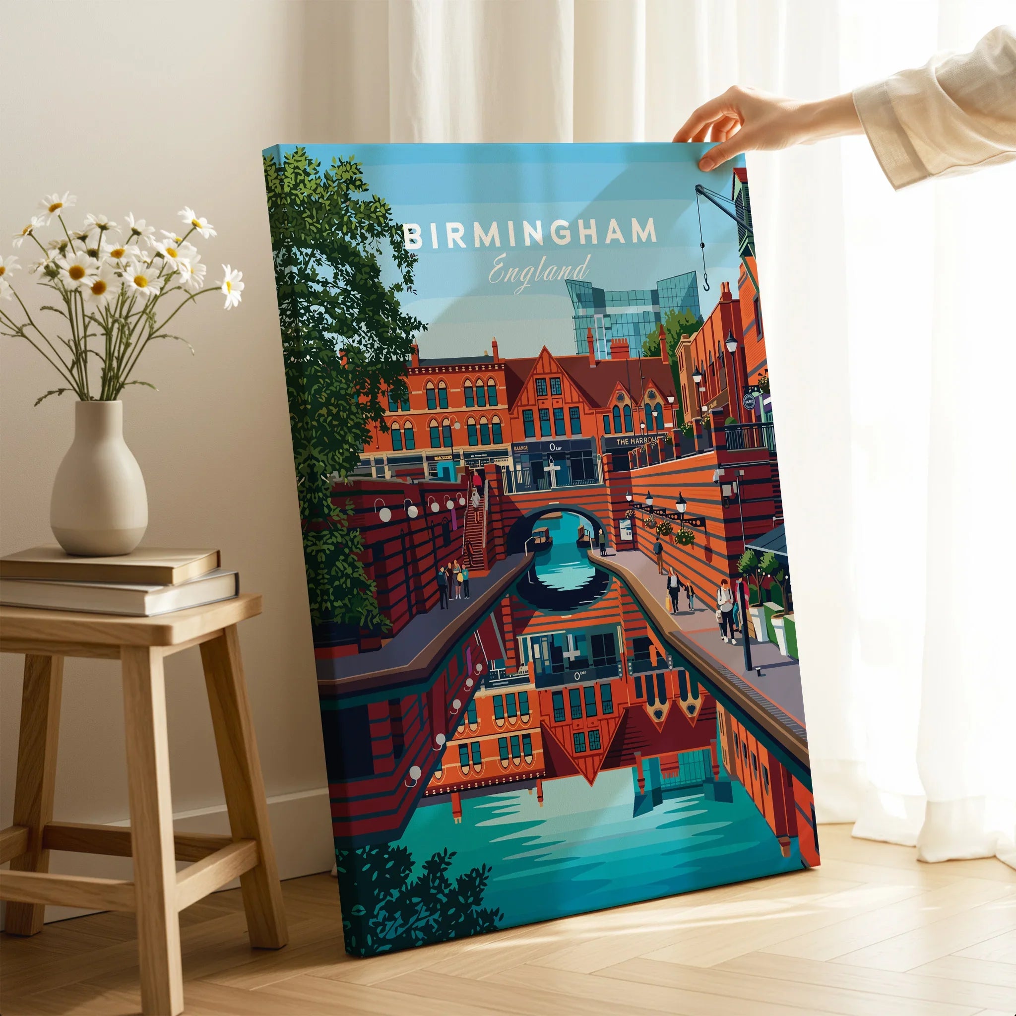 Birmingham England cityscape canvas art print with canal, held in a modern home setting
