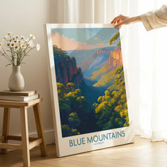 Blue Mountains Australia wall art canvas print in bright modern room, person holding artwork