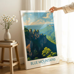 Blue Mountains Australia travel poster canvas print in modern room decor setting