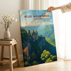 Blue Mountains Australia travel poster print in modern room decor setting with flowers