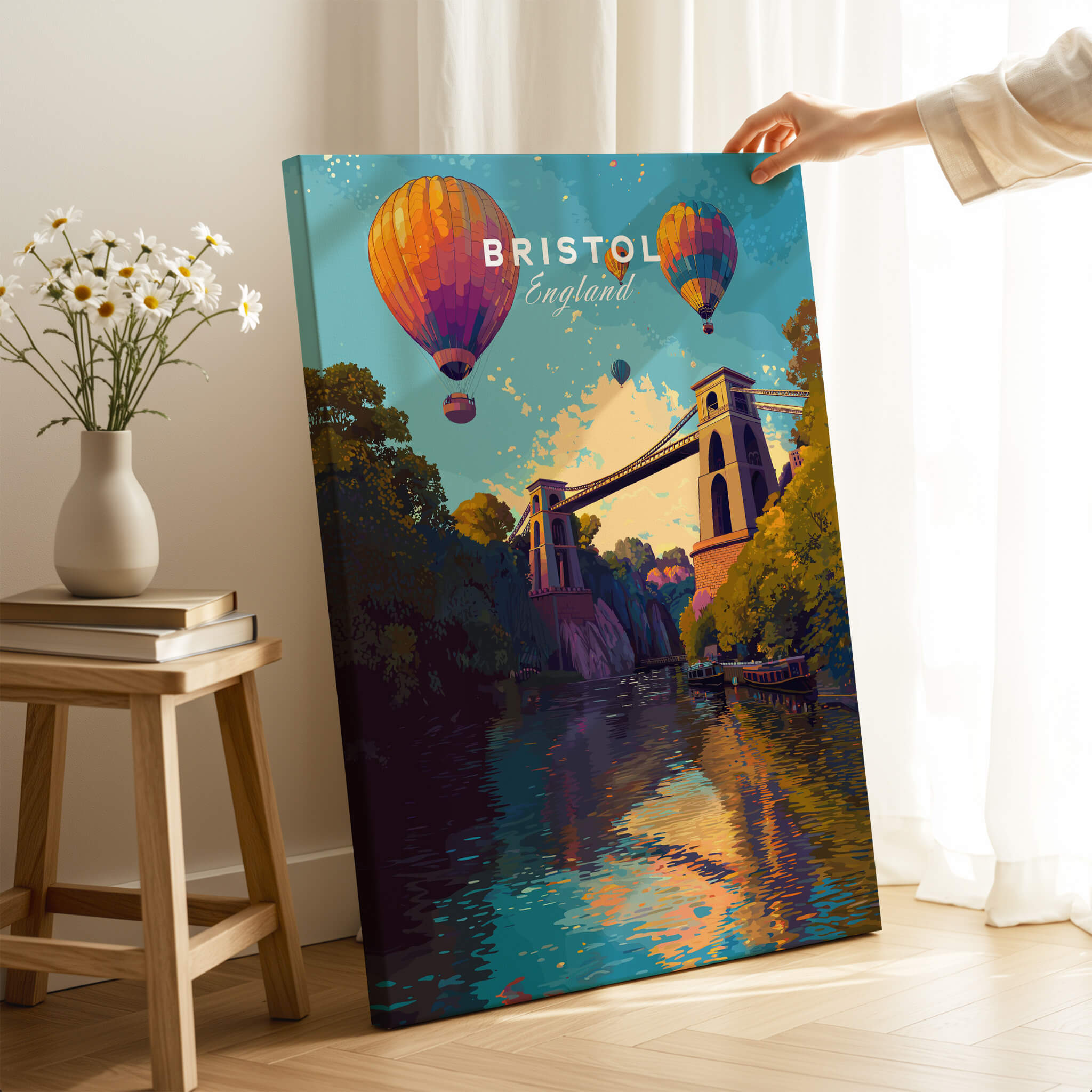 Bristol Travel Poster – Clifton Suspension Bridge and Hot Air Balloons Art decoration featuring vibrant colors and whimsical design.
