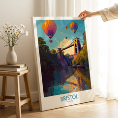 Bristol England Wall Art – River Avon Sunset and Balloon Festival Print displayed in a cozy room with flowers.