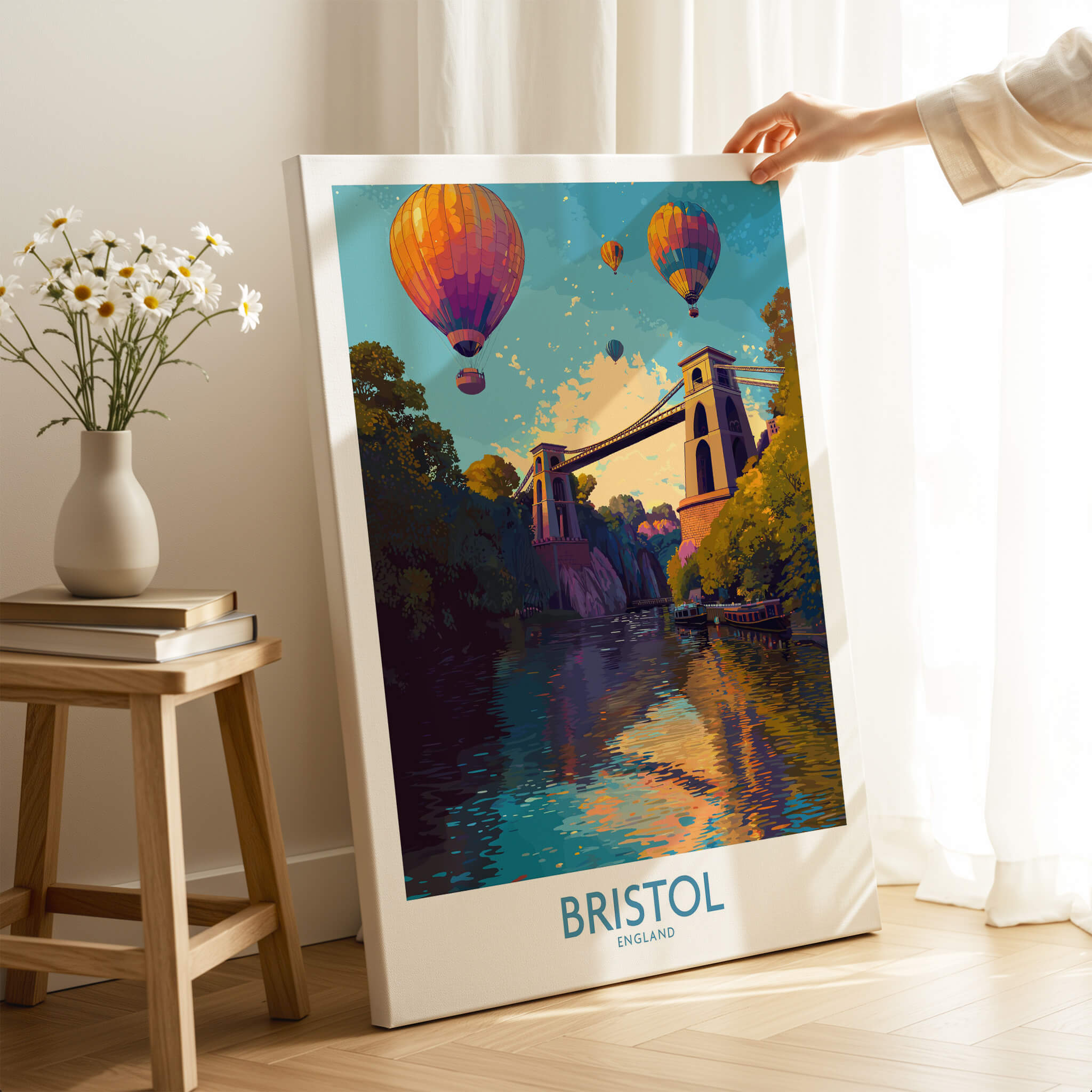 Bristol England Wall Art – River Avon Sunset and Balloon Festival Print displayed in a cozy room with flowers.